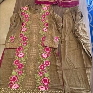 Embroidered Olive Green Salwar Kameez with Pink Floral Accents